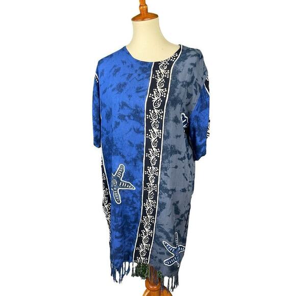 Rain Resort Wear Beach Cover-Up Size Medium Blue + Black with Fringe - Picture 1 of 10